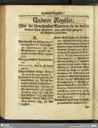 Anderes Register. Uber die fürnehmsten Materien, so in diesen Andern Theil gehandelt, und nach Anzeigung derer Blätter zubefinden