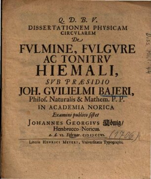 Dissertationem Physicam Circvlarem De Fvlmine, Fvlgvre Ac Tonitrv Hiemali ...