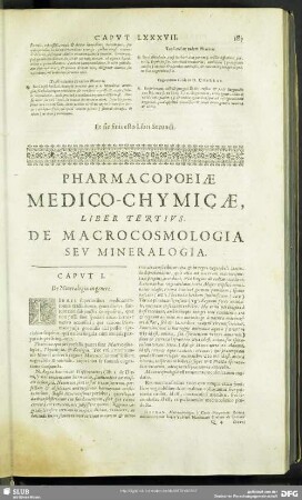 Pharmacopoeiae Medico-Chymicae, Liber Tertius. De Macrocosmologia Seu Mineralogia