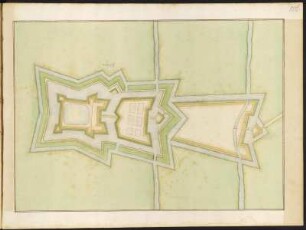 Festungsplan von Otostein in den Niederlanden?, kolorierter Handzeichnung, vor 1695 : Otostein? [Festungsplan] / [Johann George Starck]. [S.l., S.a.].- [nach 1695] - 1 Plan : Handzeichng. 52,6 x 37,2 cm.