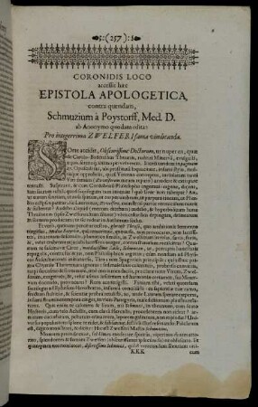 Corondis Loco accessit hæc Epistola Apologetica contra quendam, Schmuzium a Poystorff [...]