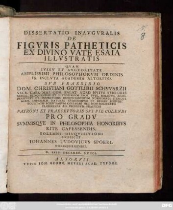 Dissertatio Inavgvralis De Figvris Patheticis Ex Divino Vate Esaia Illvstratis : D. XIIII Decembr. MDCCL.