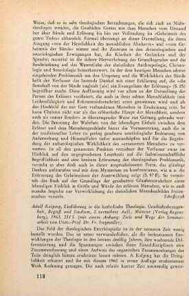 118-120 [Rezension] Kolping, Adolf, Einführung in die katholische Theologie