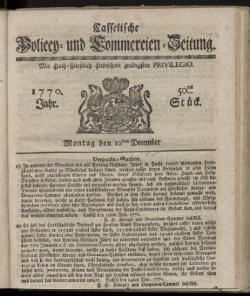 50tes Stueck, Montag den 10ten December. 1770