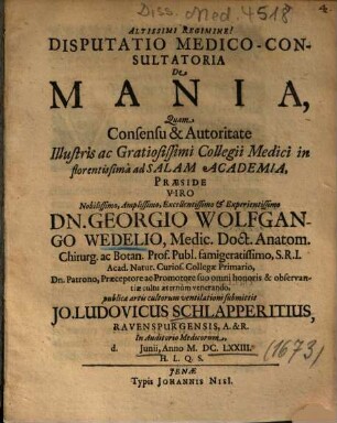 Disputatio Medico-Consultatoria De Mania