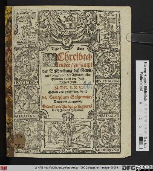 Prognosticon Astrologicum, Das ist: Ein vernünfftige auß deß Himmels Lauff oder dessen Gestirn genommene natürliche Muthmassung/ vom Gewitter/ Frucht- und Unfruchtbarkeit/ Gesund- und Kranckheit/ Krieg/ Finsternussen/ und andern dergleichen Zufällen/ auff das Jahr ... M.DC.LXV.