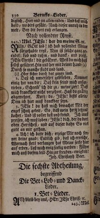 Die sechste Abtheilung, begreiffend Die Bet- Lob- und Danck-Lieder.
