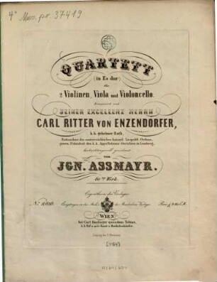 Quartett : (in Es dur) ; für 2 Violinen, Viola u. Violoncello ; 60. tes Werk