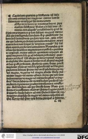 Capitulum quartum quod substantia non suscipit contrarietatem nec magis nec minus licet sit subiectum utriusque per sui mutationem.
