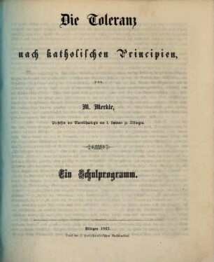 Die Toleranz nach katholischen Principien