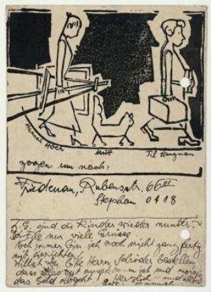 Postkarte von Hannah Höch an Grete Höch, verh. König mit der Abbildung "Hannah Höch, die Katze Mütt und Til Brugman ziehen um."