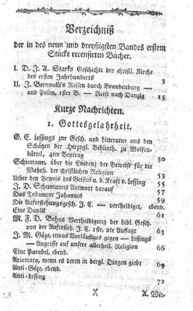 Verzeichniß der in des neun und dreyßigsten Bandes erstem Stücke recensirten Bücher.
