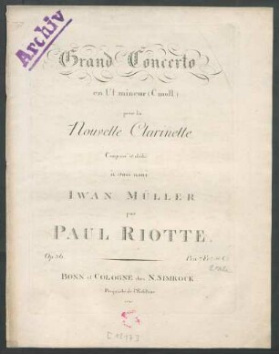 Grand Concerto en Ut mineur (C moll) pour la Nouvelle Clarinette : Op 36