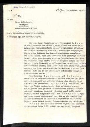 Einstellung eines Präparators. Bericht vom 15.2.37 (Nr. 34)