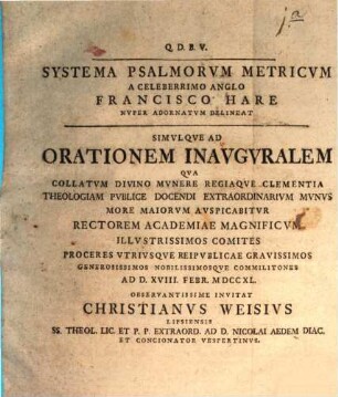 Systema Psalmorum Metricvm A Celeberrimo Anglo Francisco Hare Nvper Adornatvm