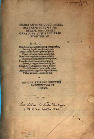 Marci Antonii Coccii Sabellici Exemplorvm Libri Decem : Ordine Elegantia Et Vtilitate Praestantissimi