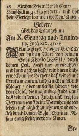 Gebett/ über das Evangelium Am X. Sonntag nach Trinitatis/ ...