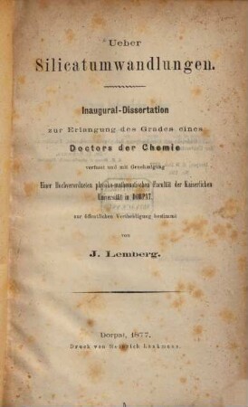 Ueber Silicatumwandlungen : Dorpat. Inaug. Dissert