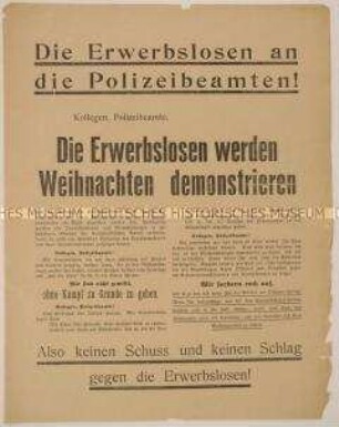 Solidaritätsaufruf an die Polizeibeamten zur Verhinderung von Gewalt während Demonstrationen und Versammlungen der Arbeitslosen gegen Hunger und Not