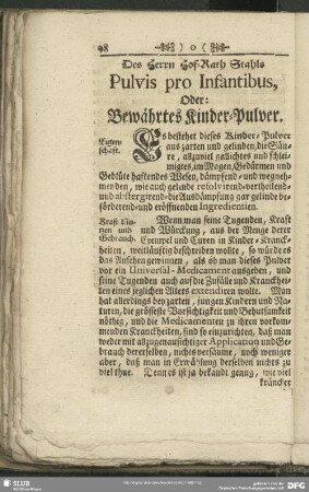 Des Herrn Hof-Rath Stahls Pulvis pro Infantibus, Oder: Bewährtes Kinder-Pulver