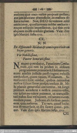 CX. N. N. De disputandi libidine et contemptu rixarum hujus generis