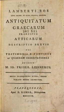 Lamberti Bos Antiquitatum Graecarum praecipue Atticarum descriptio brevis