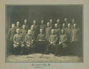 Offizierskorps (einundzwanzig Personen) des Ersatzbataillons des Landwehr-Infanterie-Regiments Nr. 123 bei letzter Besichtigung vor Auflösung am 6./7. März 1918, teils stehend oder sitzend um Tisch in einem Fotoatelier