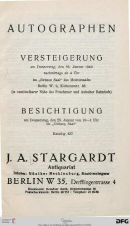 Nr. 437: Katalog / J. A. Stargardt: Autographen : 25. Januar 1940