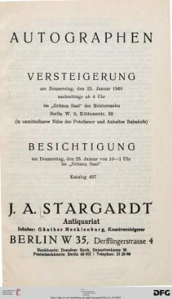 Nr. 437: Katalog / J. A. Stargardt: Autographen : 25. Januar 1940