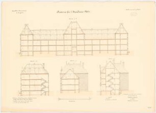 Kavallerie Kasernement, Danzig-Langfuhr Kaserne für 2 Eskadrons No. 1: Längsschnitt, Querschnitte, 1:100