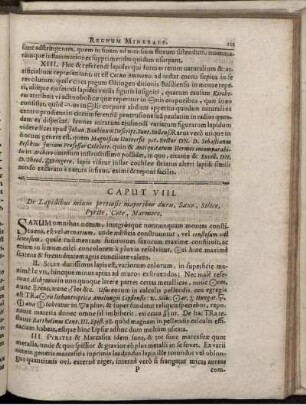 Caput VIII. De Lapidibus minus pretiosis majoribus duris, Saxo, Silice, Pyrite, Cote, Marmore.