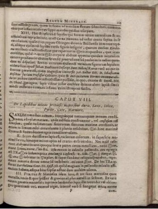 Caput VIII. De Lapidibus minus pretiosis majoribus duris, Saxo, Silice, Pyrite, Cote, Marmore.