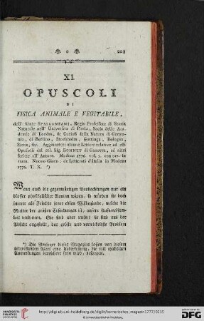 XI. Opuscoli di fisica animale e vegitabile