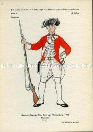 Uniformdarstellung, Musketier der Infanterie, Kurfürstentum Hannover, 1773.