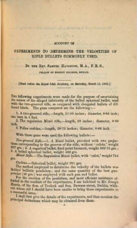 Account of experiments made to determine the velocities of rifle bullets commonly used