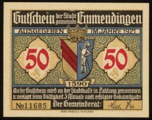 50 (Pfennig) Gutschein der Stadtgemeinde Emmendingen
