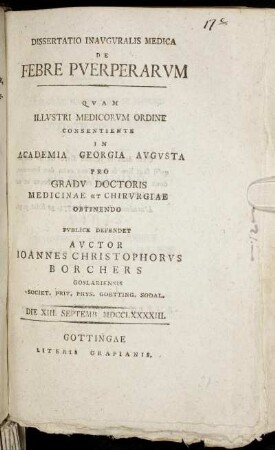 Dissertatio Inauguralis Medica De Febre Puerperarum : Die XIII. Septemb. MDCCLXXXXIII.