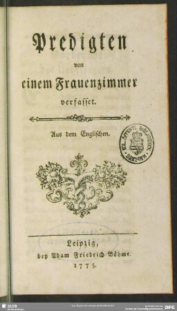 Predigten von einem Frauenzimmer verfasset : Aus dem Englischen