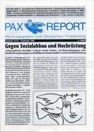 Mitteilungsblatt (Rundbrief) des Deutschen Friedensrates u.a. zum Verhältnis von Sozial- und Rüstungsausgaben in der BRD, über die Zukunft der Friedensbewegung im europäischen Kontext, zur Beschaffung des Kampfflugzeugs „Eurofighter 2000“ und über den Nahostkonflikt – Sachkonvolut