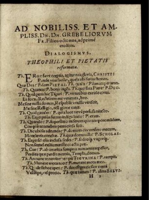 Ad Nobiliss. Et Ampliss. Dn. Dn. Grebeliorum Fr. Filios octonos, adprime eruditos