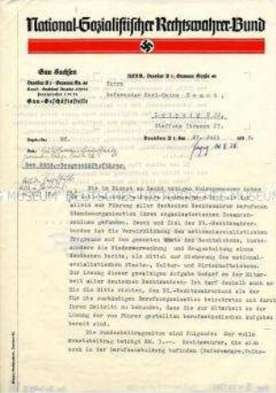 Schreiben des NS-Rechtswahrer-Bundes zu den Aufgaben und Zielen der Vereinigung