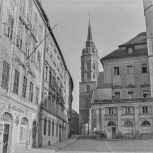 Bautzen. Innere Lauenstraße. Blick nach Norden zum Rathaus und Turm vom Dom St. Petri
