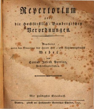 Repertorium über die Hochfürstlich-Bambergischen Verordnungen
