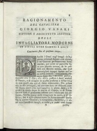 Ragionamento Del Cavaliere Giorgio Vasari Pittore E Architetto Aretino Degli Intagliatori Moderni In Pietre Dure Cammei E Gioje