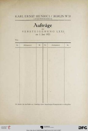 Aufträge zur Versteigerung LXXI