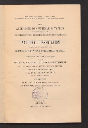 Zur Aetiologie des Unterleibs-Typhus im Anschlusse an die Liegnitzer Typhus-Epidemie im Jahre MDCCCLXXXVIII