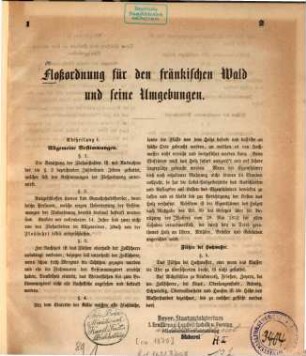 Floßordnung für den fränkischen Wald und seine Umgebungen : [Kopft.]