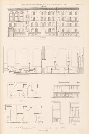 Dorotheenstädtische Realschule und Friedrich-Werdersches Gymnasium, Berlin: Gymnasium: Rückansicht, Inneneinrichtung, Details (aus: Atlas zur Zeitschrift für Bauwesen, hrsg. v. G. Erbkam, Jg. 28, 1878)
