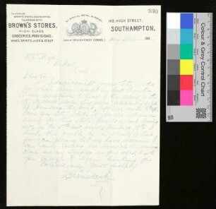 Brief mit Umschlag an Edwin Nye auf der S.M. Yacht "Meteor" in Kiel von [Grinstead] aus Southampton, 05.05.1904