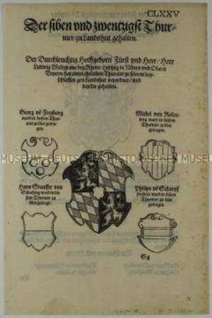 Siebenundzwanzigstes Turnier zu Landshut im Jahr 1439 - Stadt- und Familienwappen (S. CLXXV aus dem Turnierbuch/1. Teil)